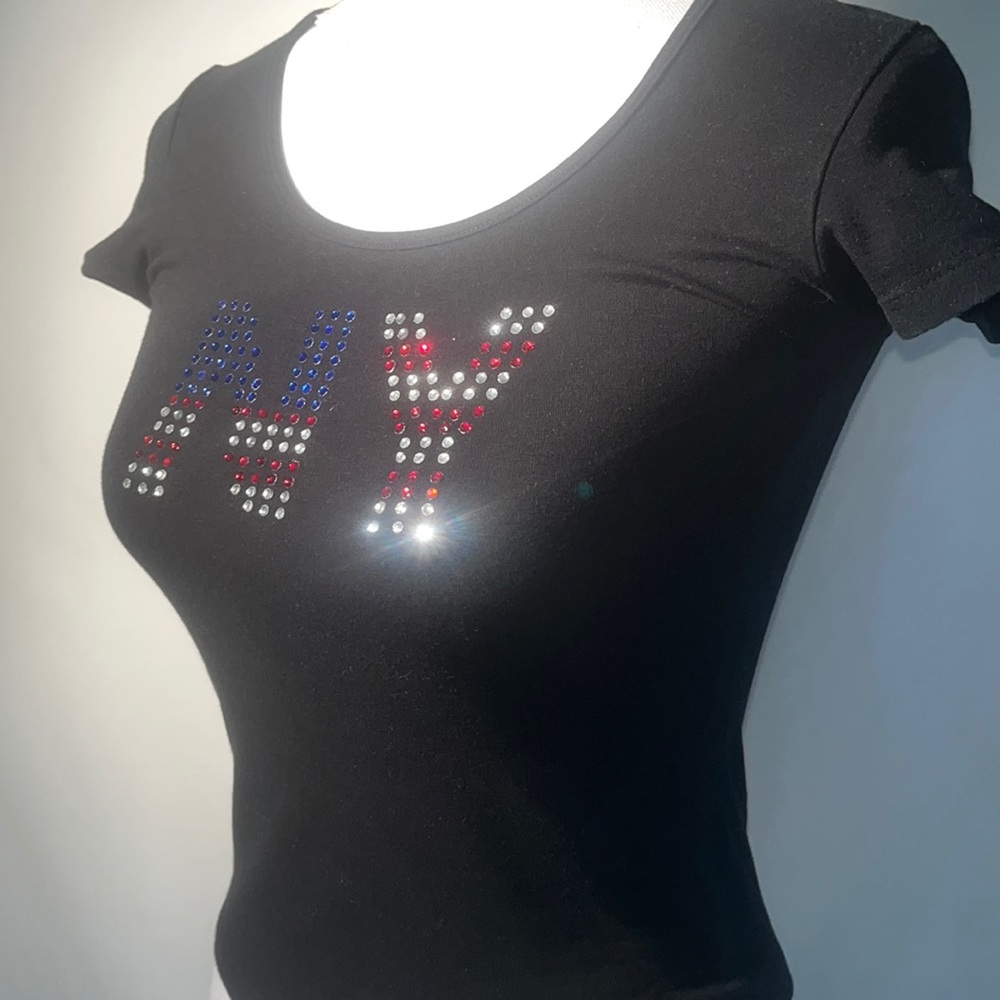 #4thJuly Rhinestone adorned NY T-shirt in spandex with Scoop Neck XXS #Glam